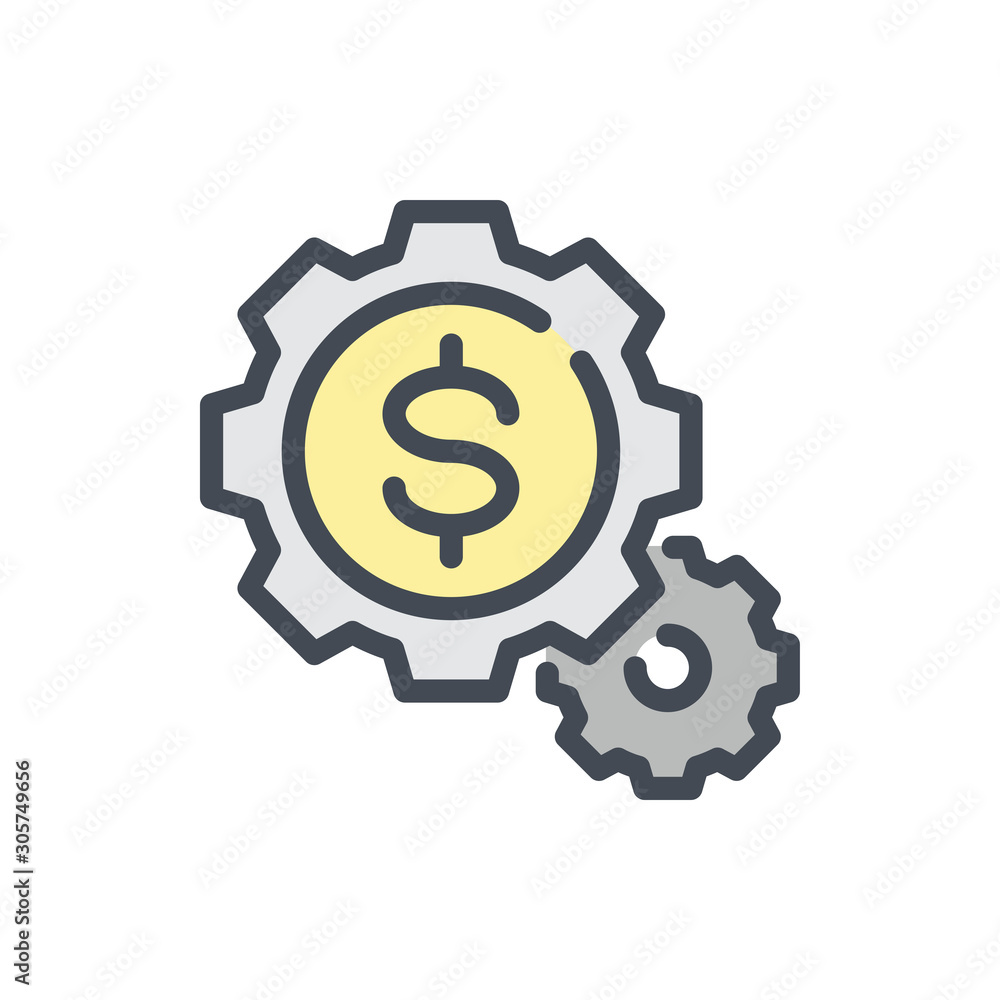Poster Financial preferences and progress color line icon. Gears with dollar vector outline colorful sign.