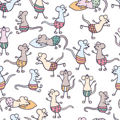 Seamless pattern with funny hand drawn mice on white background