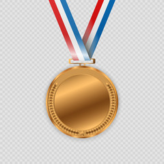 Champion medails with red ribbon. Banner. Winner award competition, prize medal and banner for text. Award medals isolated on transparent background. Vector illustration of winner concept.