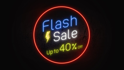 Flash sale 40%. Neon sign banner promo background. Concept of sale and clearance