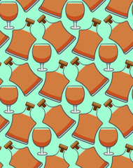 Bottle and glass of cognac seamless pattern on turquoise background