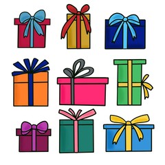 Bright set of holiday packaging boxes with beautiful colorful ribbons. For the design of New Yeas illustrations and cards.