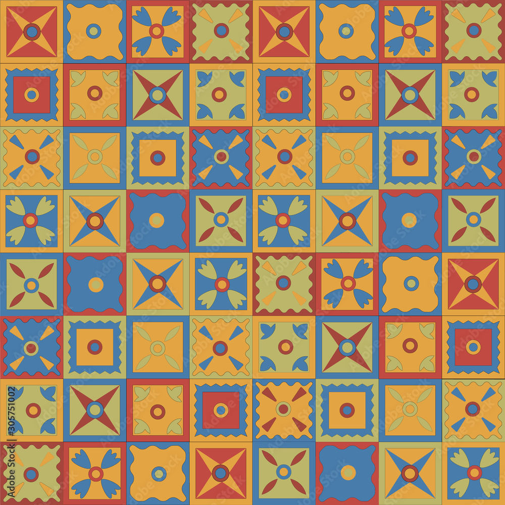 Poster seamless pattern in indian kalamkari style in traditional colors. a simple pattern of squares. it ca