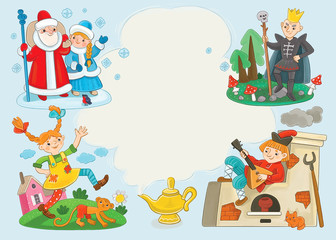 poster for children's play frame with characters from fairy tales