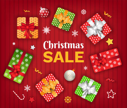 Christmas sale promotional poster with gifts and decoration vector. Boxes with ribbons and baubles. Red curtain background. Promo banner with discounts propositions from shops flat style illustration