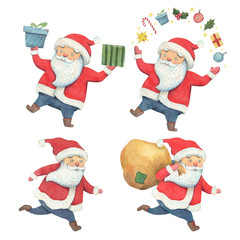 Santa Claus set watercolor illustration. Santa Claus in different poses. Christmas gifts in the hands of Santa Claus. Christmas illustration. Isolated new year art