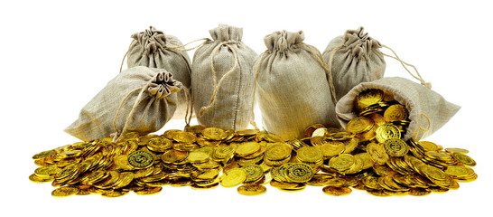 Stacking gold coin in treasure sack