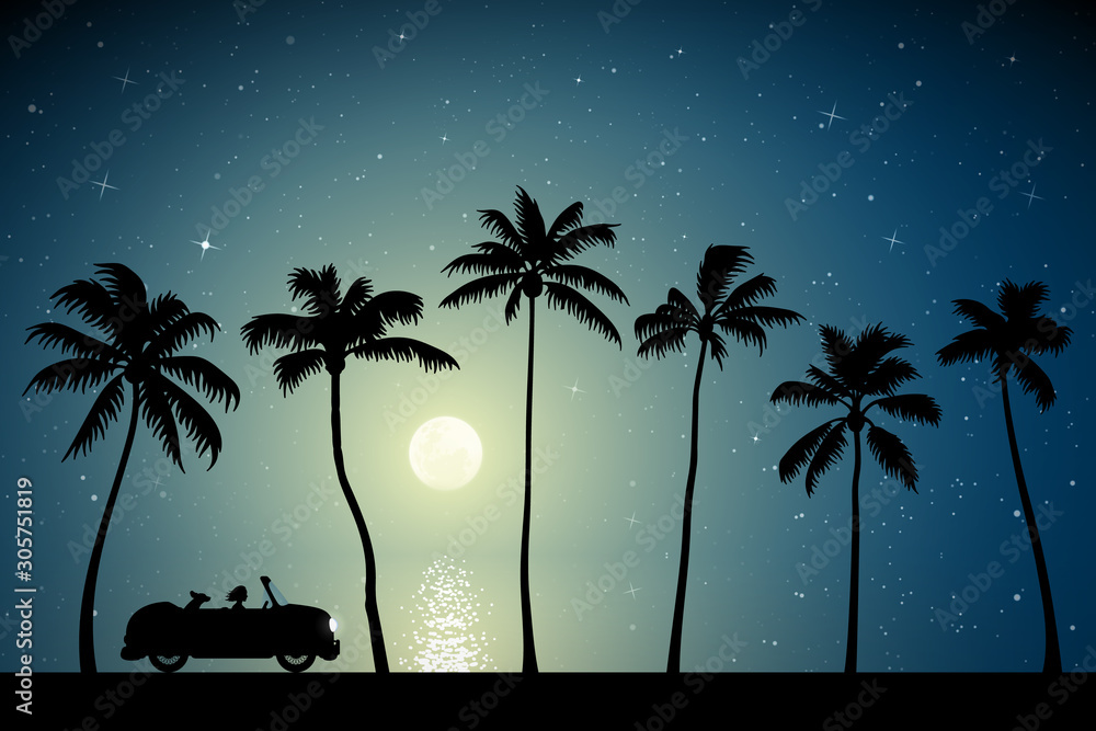 Wall mural Retro car on palm beach on moonlit night. Vector illustration with silhouettes of woman and dog traveling in camper. Family road trip. Full moon in starry sky