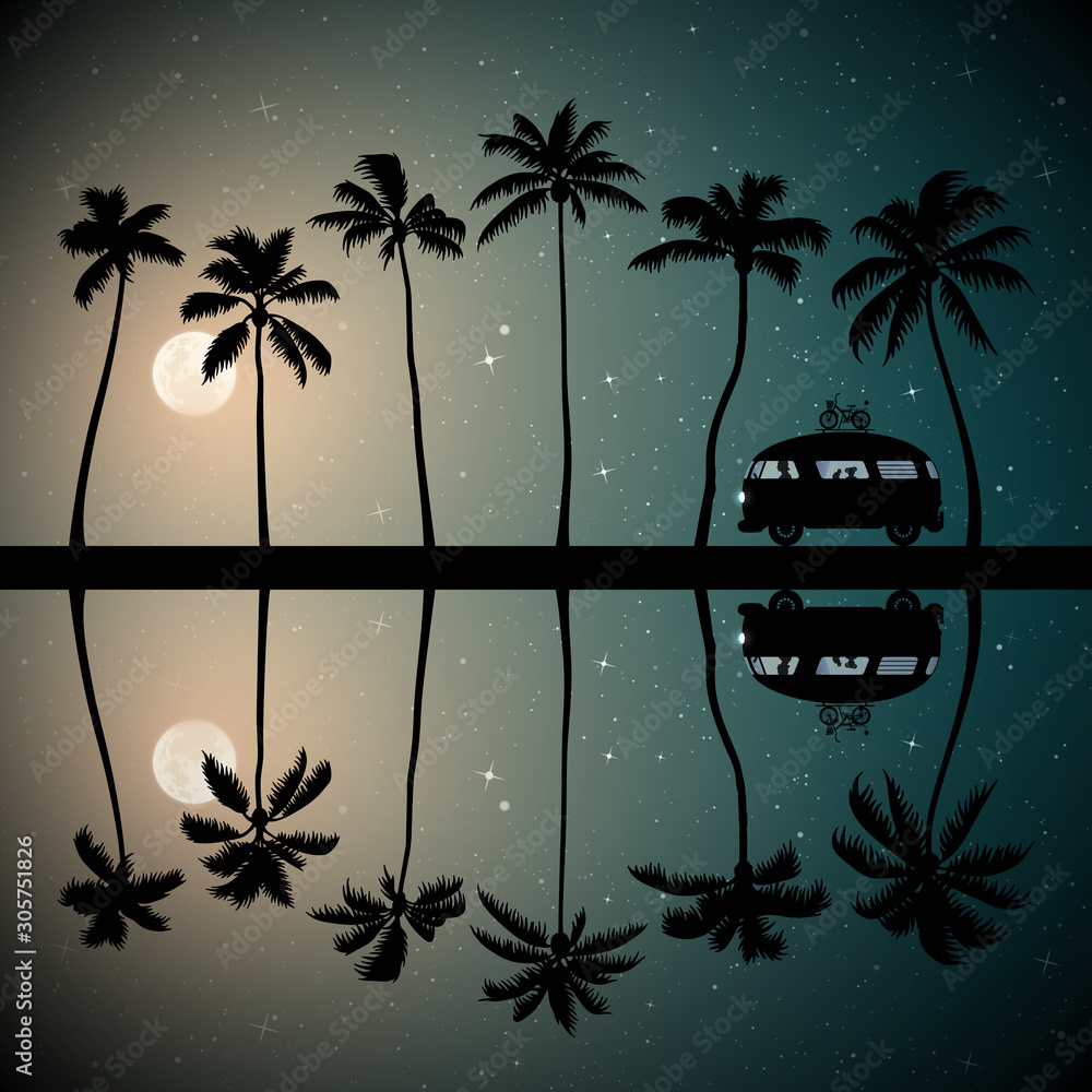 Poster retro car on palm beach on moonlit night. vector illustration with silhouettes of people and cat tra