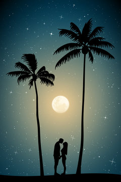 Lovers on sand under palm trees on moonlit night. Vector illustration with silhouette of couple on beach. Family summer vacation. Full moon in starry sky