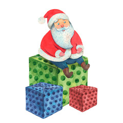 Cute sitting Santa Claus. Watercolor santa claus in naive childish style, greeting banner decoration. Merry christmas and happy new year aqarelle card isolated on white background.