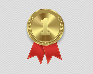 Champion medails with red ribbon. Banner. Winner award competition, prize medal and banner for text. Award medals isolated on transparent background. Vector illustration of winner concept.