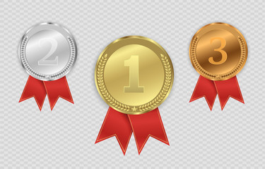 Fototapeta Champion medails with red ribbon. Banner. Winner award competition, prize medal and banner for text. Award medals isolated on transparent background. Vector illustration of winner concept. obraz
