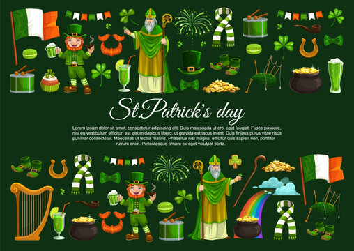 St Patrick, shamrocks and leprechauns with gold vector banner. Religious holiday green beer mugs, Irish flags and pots of golden coin, clover leaves, hat and lucky horseshoes, elf treasure and rainbow