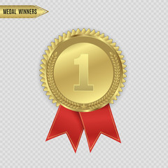 Champion medails with red ribbon. Banner. Winner award competition, prize medal and banner for text. Award medals isolated on transparent background. Vector illustration of winner concept.