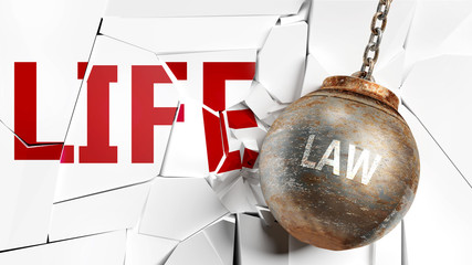 Law and life - pictured as a word Law and a wreck ball to symbolize that Law can have bad effect and can destroy life, 3d illustration