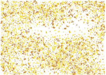 Festive golden rectangle confetti background. Abstract frame confetti texture for holiday, postcard, poster, website, carnivals, birthday and children's parties. Cover confetti mock-up. Wedding card