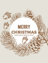 Merry christmas wreath sketch style composition with nuts, pine cones and fir tree leaves. Line art vector