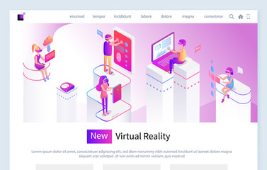 New virtual reality vector, people wearing VR glasses looking at screen and experiencing technologies of era. Cyberspace and users man and woman. Website or webpage template, landing page flat style