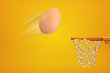 3d rendering of chicken egg that has been thrown in air and is flying toward basketball hoop on amber background.