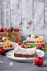 Salty cheesecake garnished with roasted champignons. New Year 2020 appetizer with the mouse of quail eggs, symbol of the new year