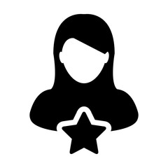 Quality icon vector with star female user person profile avatar symbol for rating in a glyph pictogram illustration