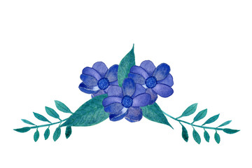 Watercolor hand drawn bouquete with blue anemone