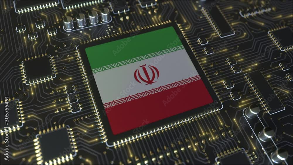 Poster national flag of iran on the operating chipset. iranian information technology or hardware developme