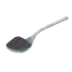 Watercolor metal spoon with black seeds of cumin.
