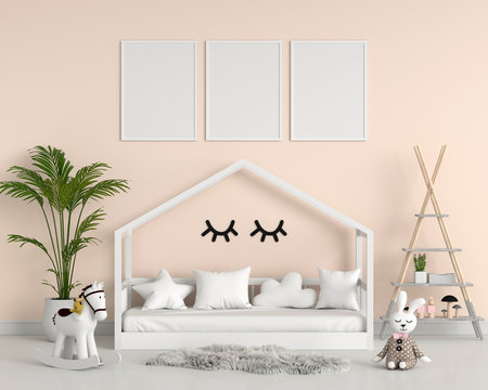 Three empty photo frame for mockup in child bedroom, 3D rendering
