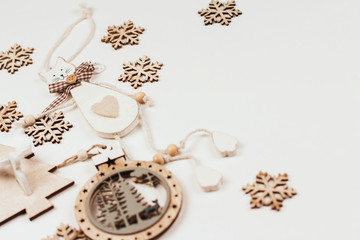  Wooden christmas toys and snowflakes. Laser cutting of plywood.