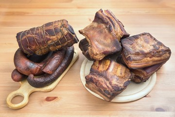 Traditionally smoked meats, ham, sausage, bacon