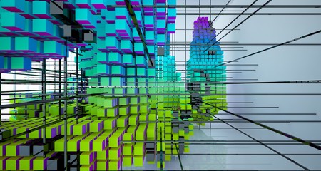 Abstract white and colored gradient  interior from array cubes with large window. 3D illustration and rendering.