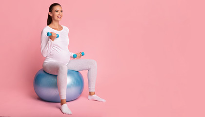 Pregnant Girl Exercising With Dumbbells Sitting On Fitball, Pink Background