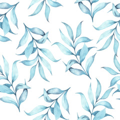 Botanical watercolor seamless pattern with flowers on a white background.