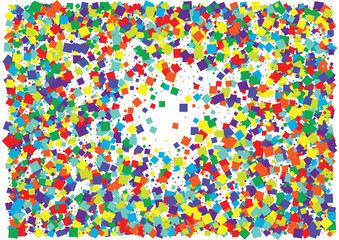 Festive color square confetti background. Abstract frame confetti texture for holiday, postcard, poster, website, carnival, birthday, children's parties. Cover confetti mock-up. Wedding card layout