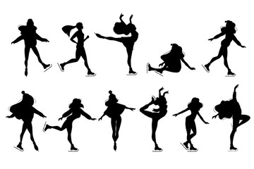 Fototapeta na wymiar Set of silhouettes figure skating graceful girls in beautiful poses. Winter sports activity figure ice skating illustrations — women sillhoettes on ice rink set isolated on white background - Vector
