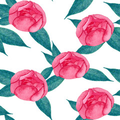 Seamless pattern with watercolor hand drawn pink peonies flowers and leaves.