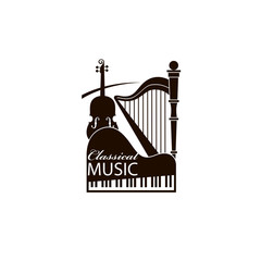 monochrome classical concert emblem with piano, harp and violin