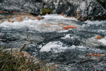 Strong mountain river. Rapid flow of stream among rocks. Blue stream of water seethes in rocks