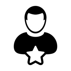 Client icon vector with star male user person profile avatar symbol for rating in a glyph pictogram illustration