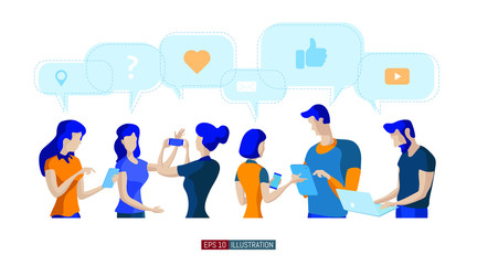 Trendy flat illustration. People online interaction concept. Social network. Online shopping. Exchange of ideas. Template for your design works. Vector graphics.
