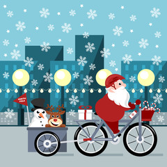 Santa Claus riding bike through the city with red nose reindeer and snowman in a trailer Christmas vector illustration