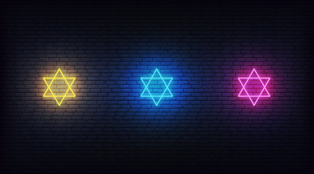 Stars of David neon set. Jewish sign decorations for Hanukkah