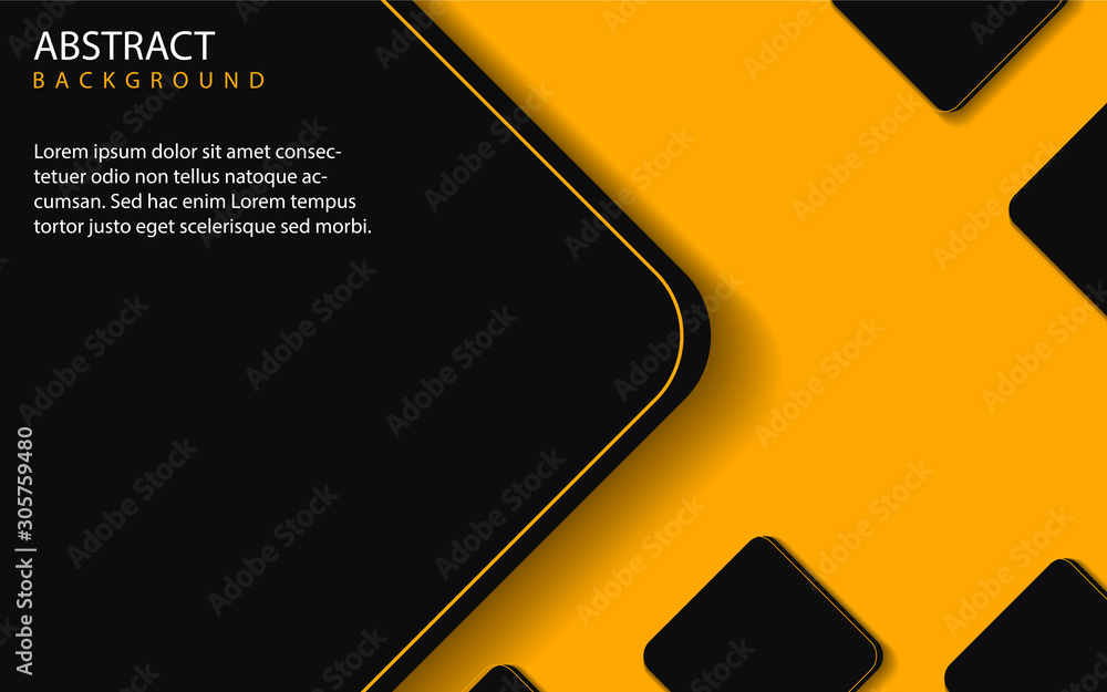 Poster abstract yellow and black shapes overlapping layers on black background. vector design template for 