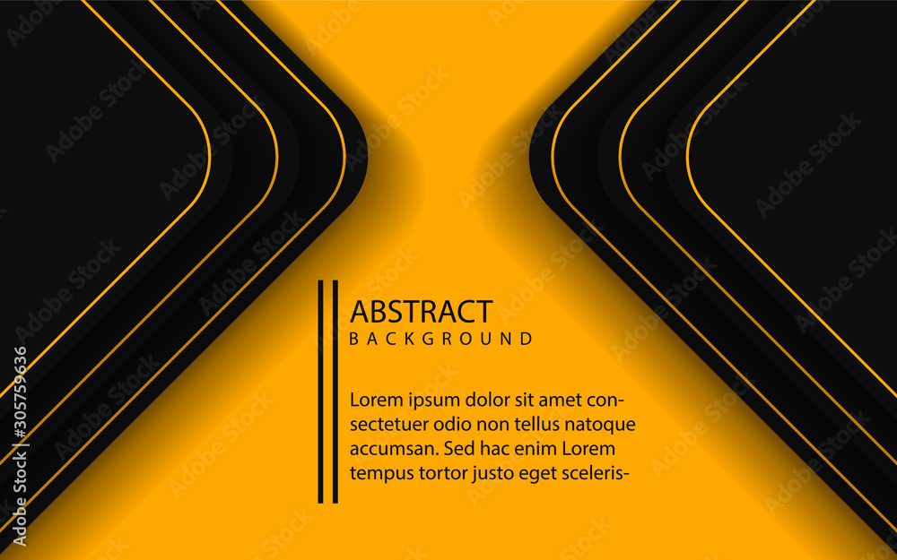 Poster abstract yellow and black shapes overlapping layers on black background. vector design template for 