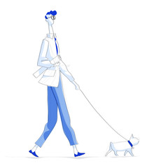 Modern simple style illustration of young creative man walking with his dog - Vector