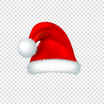 Santa Claus red hat isolated on transparent background. 3D Realistic vector illustration.