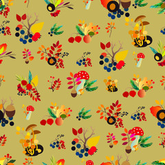 Autumn seamless pattern with berries, acorns, pine cone, mushrooms, branches and leaves.
