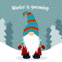 christmas winter card with cute gnome